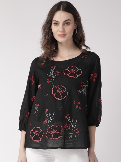 SCOUP Women Black& Red Embroidered Top