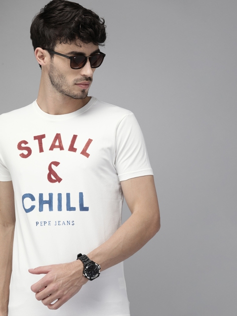 Pepe Jeans Men White Slim Fit Printed Round Neck T-shirt