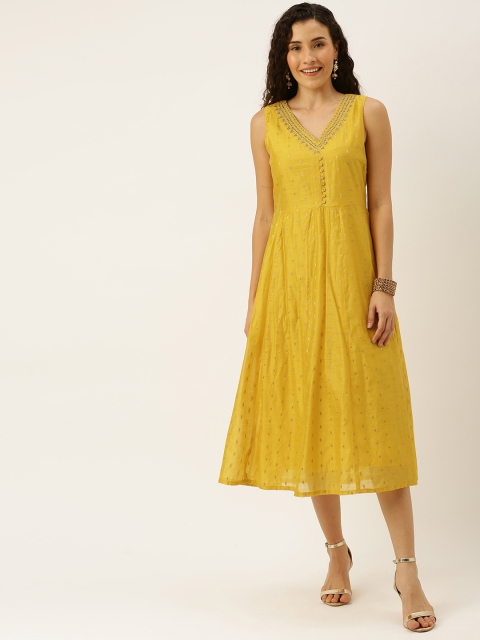 House of Pataudi Women Mustard Yellow & Gold-Toned Self Design Chanderi A-Line Dress
House of Pataudi Women Mustard Yellow & Gold-Toned Self Design Chanderi A-Line Dress