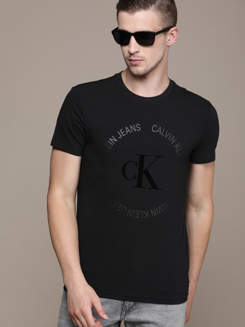 Calvin Klein Jeans Men Black Slim Fit Printed Round Neck T-shirt