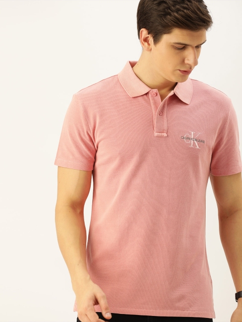 Calvin Klein Jeans Men Pink Solid Polo Collar T-shirt with Embroidered Detail