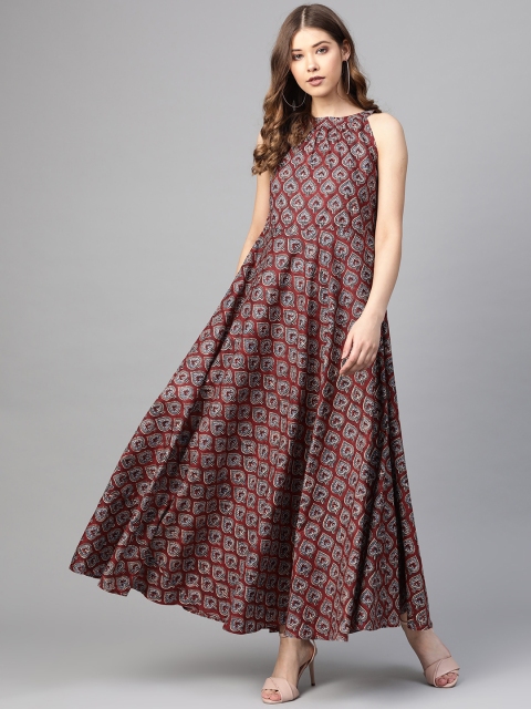 SIAH Women Maroon & Blue Printed Maxi Dress