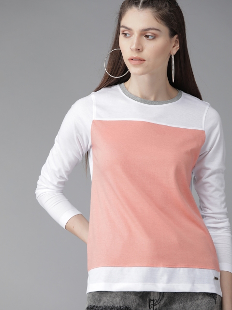 Roadster Women Dusty Pink & White Colourblocked Round Neck T-shirt