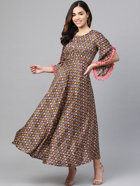 Sringam Women Brown & Beige Printed Maxi Dress 
Sringam Women Brown & Beige Printed Maxi Dress
