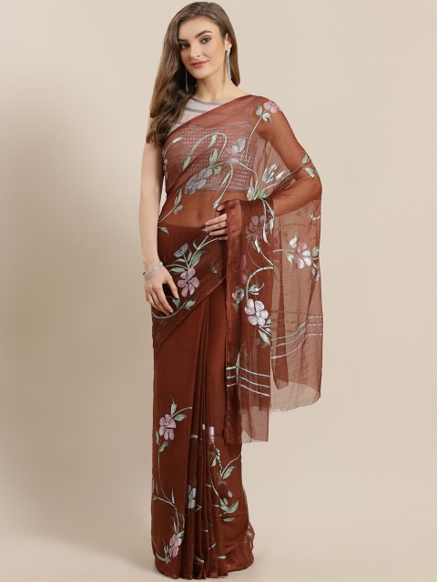 Mitera Brown Floral Hand Painted Chiffon Saree