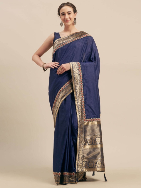 Indian Women Navy Blue Solid Poly Silk Saree