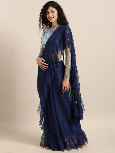 Amabelle Bridals Navy Blue Solid Supernet Saree With Stitched Blouse & Ruffle Detail
Amabelle Bridals Navy Blue Solid Supernet Saree With Stitched Blouse & Ruffle Detail