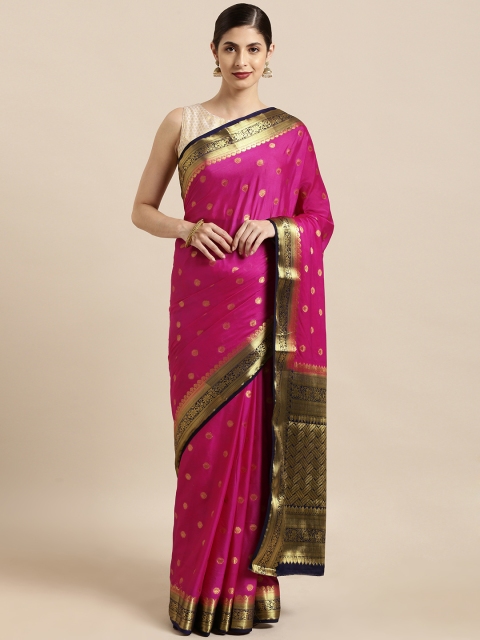 Mitera Pink & Golden Poly Crepe Woven Design Mysore Silk Saree