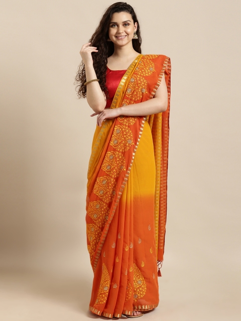 Mitera Orange & Mustard Yellow Poly Crepe Ombre Embroidered Mysore Silk Saree