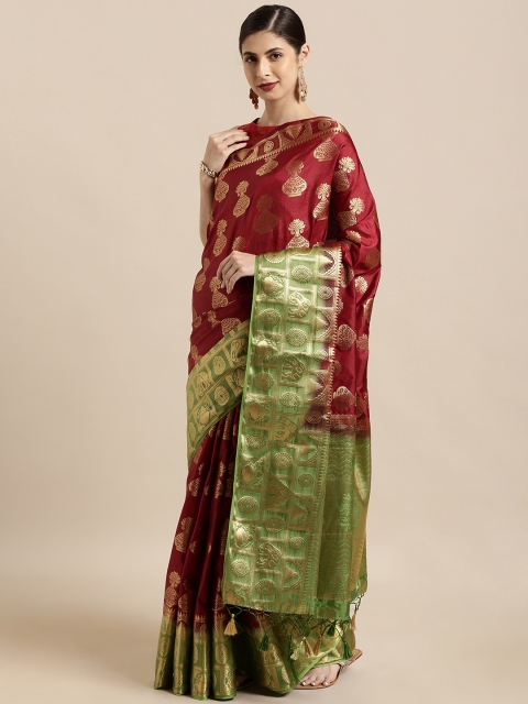 Mitera Maroon & Gold-Toned Art Silk Woven Design Kanjeevaram Saree