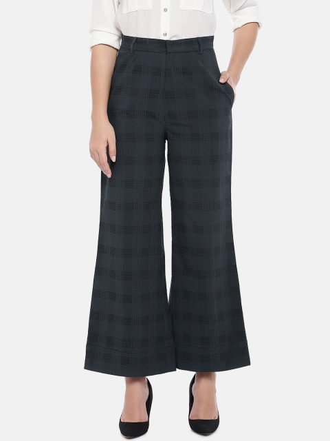 The Label Life Women Olive Green Flared Checked Bootcut Trousers