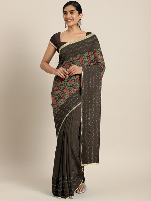 Triveni Brown & Green Printed Pure Georgette Saree