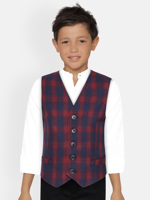 United Colors of Benetton Boys Navy Blue & Maroon Self-Checked Waistcoat