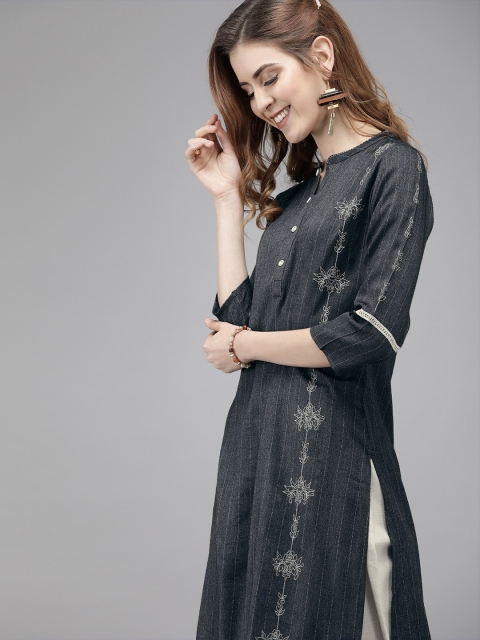 Yufta Women Navy Blue & Off-White Striped Kurta with Palazzos With Embroidered Detail
Yufta Women Navy Blue & Off-White Striped Kurta with Palazzos With Embroidered Detail