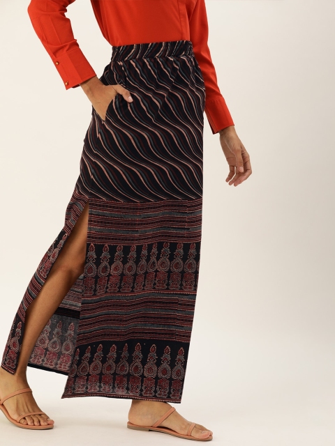 Taavi Women Black & Maroon Ajrakh Handblock Print Sustainable Maxi Skirt with High Slit & Pockets
Taavi Women Black & Maroon Ajrakh Handblock Print Sustainable Maxi Skirt with High Slit & Pockets