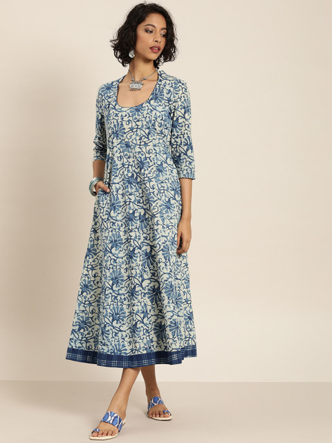 Taavi Women White & Blue Indigo Hand Block Print A-Line Sustainable Dress with Scoop Neck 
Taavi Women White & Blue Indigo Hand Block Print A-Line Sustainable Dress with Scoop Neck