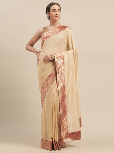 Kvsfab Beige & Red Pure Georgette Solid Saree