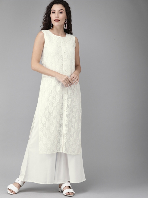 Ahalyaa Women White Self Design Kurta with Palazzos