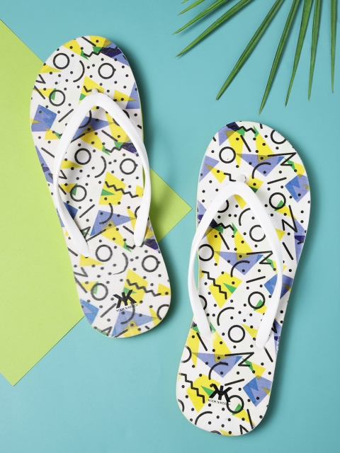 Kook N Keech Women White & Yellow Printed Thong Flip-Flops