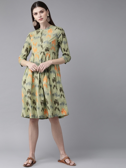 AKS Women Green & Orange Printed A-Line Dress