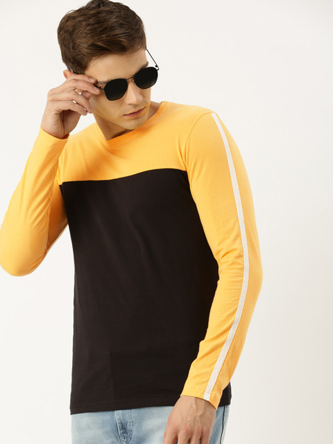 SINGLE Men Black & Yellow Colourblocked Round Neck T-shirt 
SINGLE Men Black & Yellow Colourblocked Round Neck T-shirt