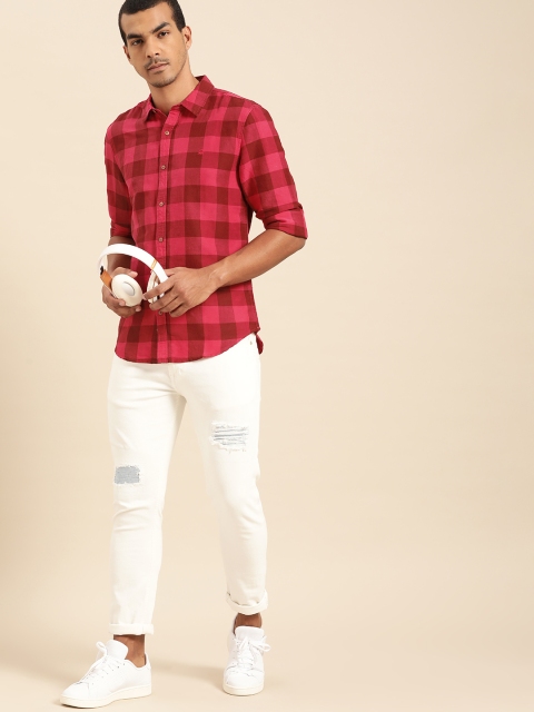 United Colors of Benetton Men Pink & Maroon Regular Fit Checked Casual Shirt