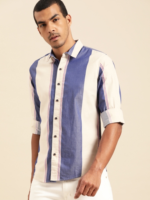 United Colors of Benetton Men Blue & Beige Slim Fit Striped Casual Shirt