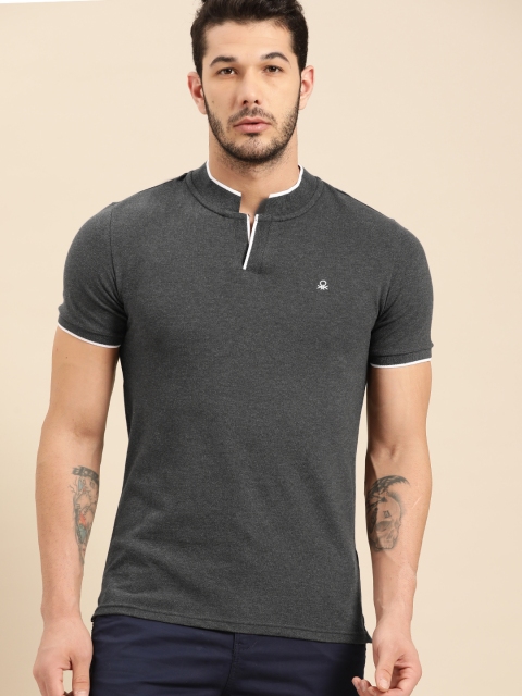United Colors of Benetton Men Charcoal Grey Solid Mandarin Collar T-shirt