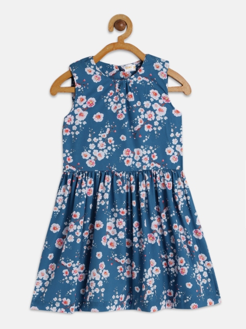 Aomi Girls Blue & Pink Floral Printed Fit and Flare Dress