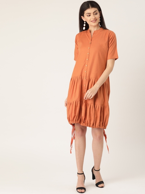 InWeave Women Rust Orange Solid Drop-Waist Dress