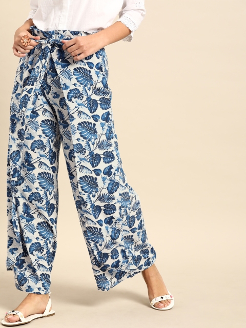 Nayo Women Off-White & Blue Printed Wide Leg Palazzos