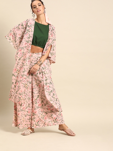 Nayo Women Peach-Coloured & Green Solid Top with Palazzos