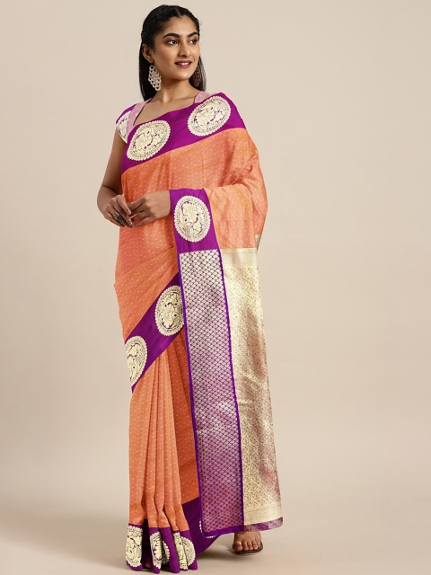 The Chennai Silks Classicate Coral Orange & Gold-Toned Art Silk Woven Design Saree