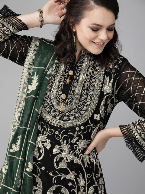 Ishin Women Black & Golden Embroidered Sequinned Kurta with Palazzos & Dupatta
Ishin Women Black & Golden Embroidered Sequinned Kurta with Palazzos & Dupatta