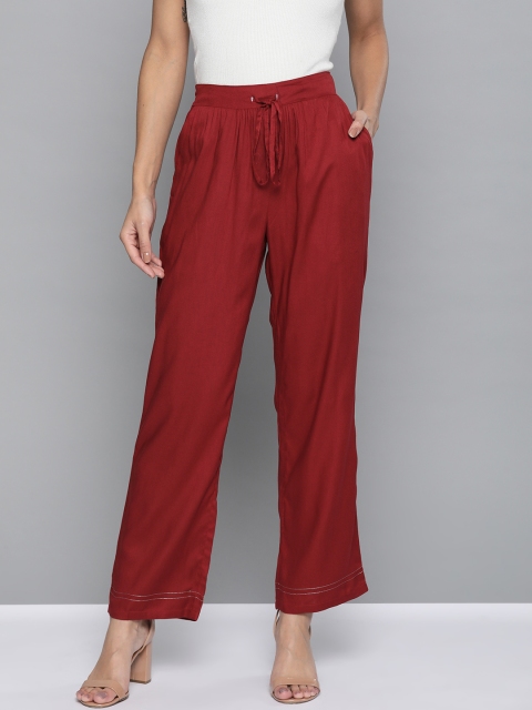 HERE&NOW Women Maroon Solid Straight Palazzos