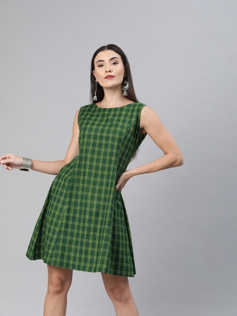 Shakumbhari Women Green & Yellow Checked A-Line Dress