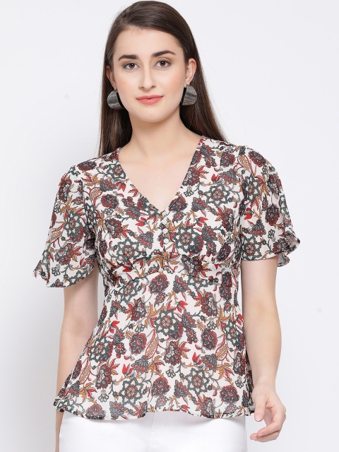 Oxolloxo Women White And Grey Printed Empire Top