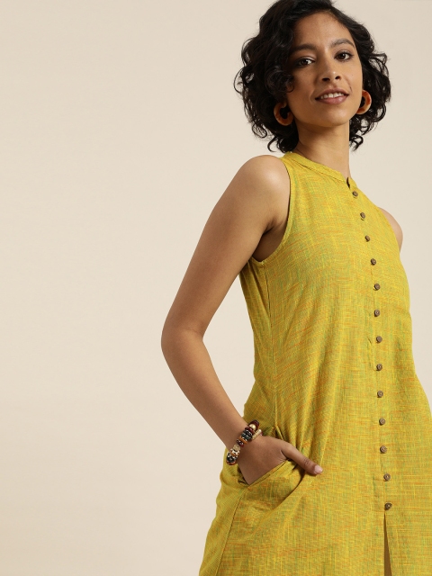 Taavi Women Mustard Yellow & Green Woven Design Woven Legacy Straight Sustainable Kurta With Pockets
Taavi Women Mustard Yellow & Green Woven Design Woven Legacy Straight Sustainable Kurta With Pockets