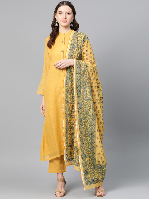 TJORI Women Mustard Yellow & Grey Handcrafted Self Checked Kurta Set & Printed Dupatta
TJORI Women Mustard Yellow & Grey Handcrafted Self Checked Kurta Set & Printed Dupatta