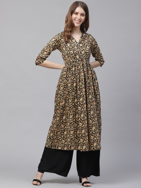 TJORI Women Black & Beige Kalamkari Print Handcrafted A-Line Kurta