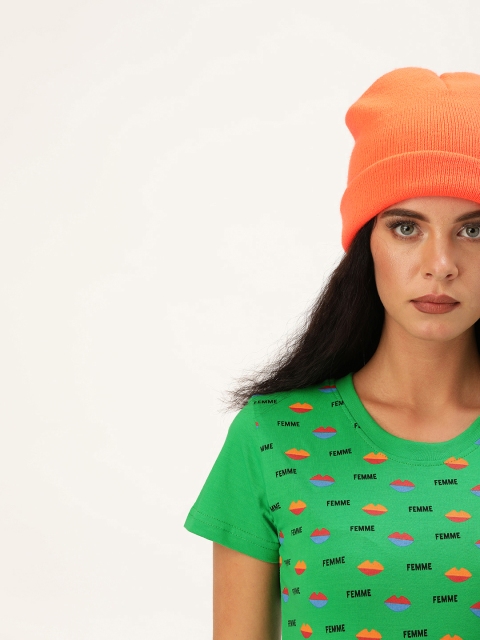U&F Women Green Printed Round Neck T-shirt
