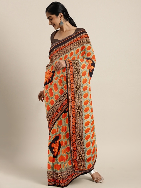 Triveni Beige & Orange Pure Georgette Printed Saree