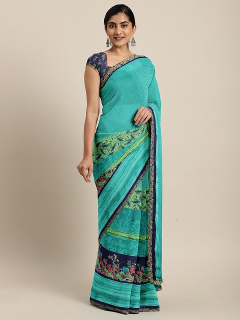 Triveni Turquoise Blue & Green Pure Georgette Printed Saree