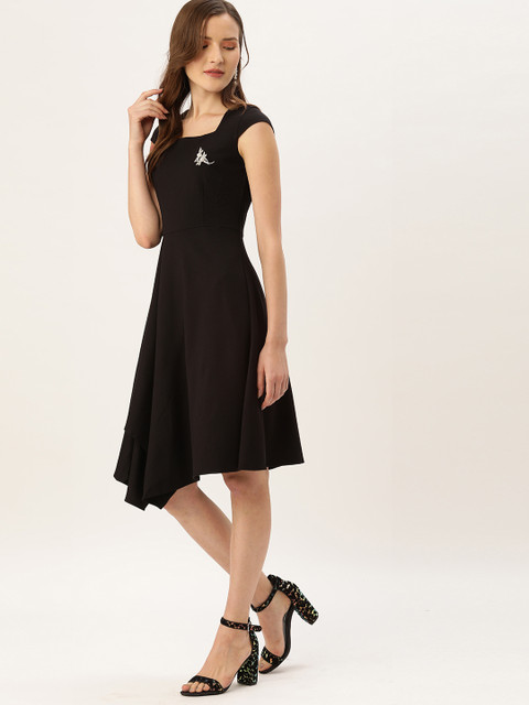 Madame Women Black Solid Fit and Flare Dress 
Madame Women Black Solid Fit and Flare Dress