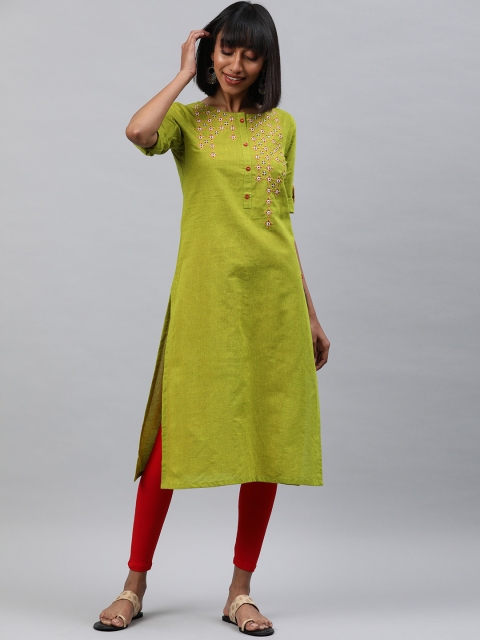Alena Women Green Yoke Design Straight Kurta
