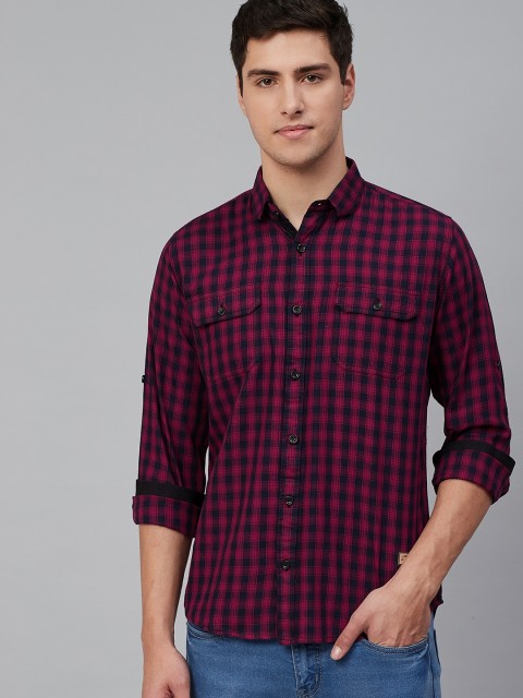 DENNISON Men Red & Navy Blue Comfort Slim Fit Handcrafted Checked Casual Shirt