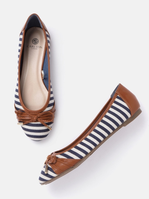 Carlton London Women Navy Blue & Off-White Striped Ballerinas
