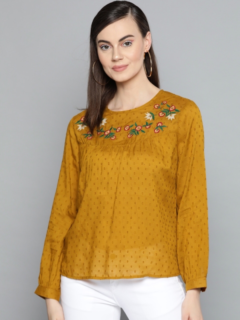 Harpa Women Mustard Yellow Dobby Woven Design Top