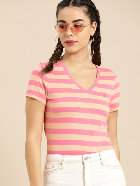 United Colors of Benetton Women Pink & Peach-Coloured Striped V-Neck T-shirt 
United Colors of Benetton Women Pink & Peach-Coloured Striped V-Neck T-shirt
