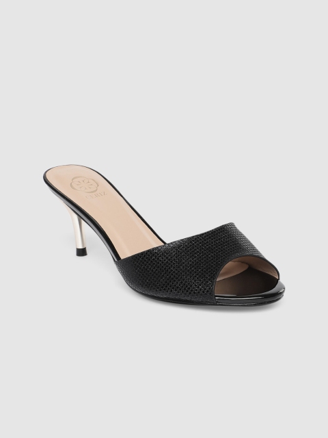 CERIZ Women Black Textured Open Toe Heels